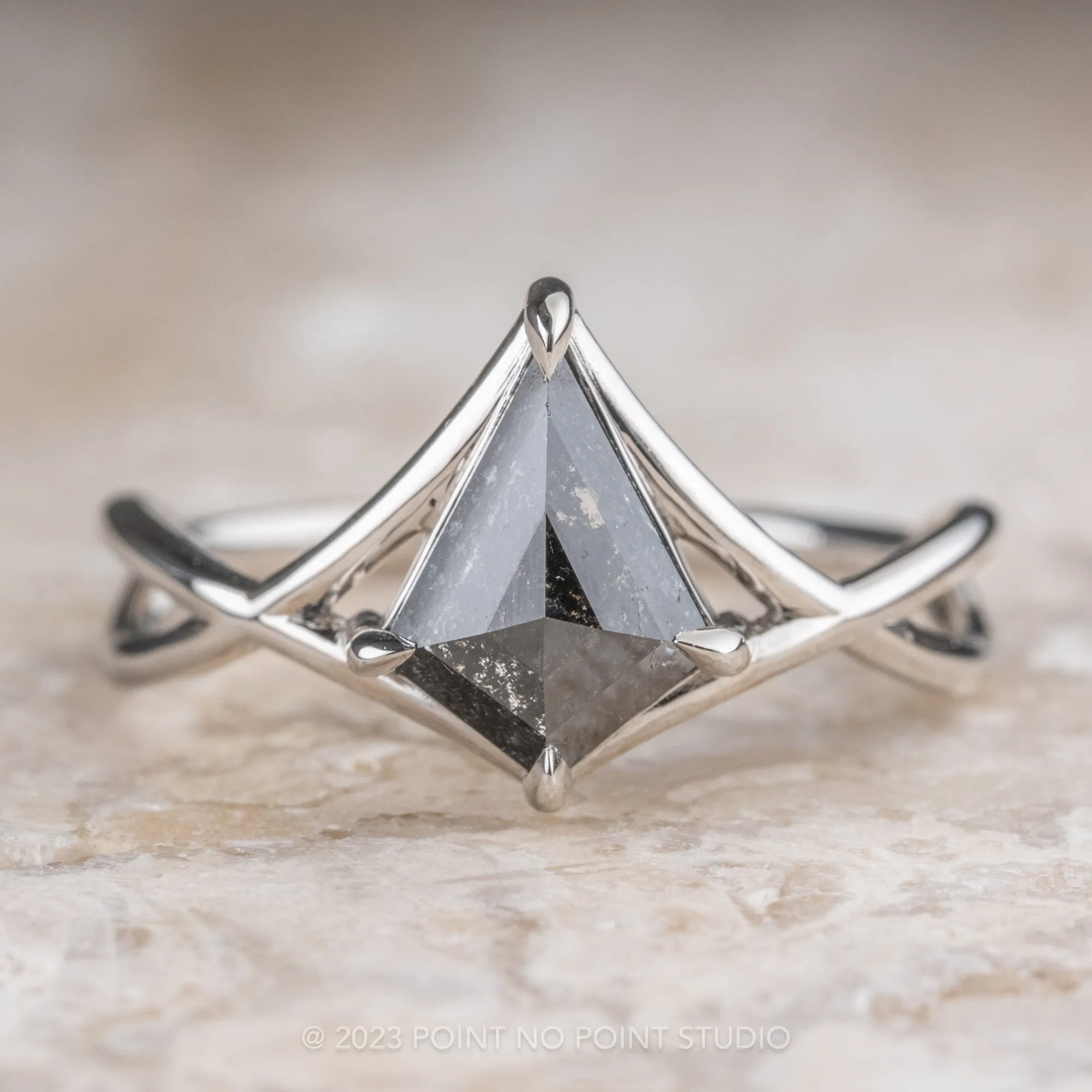 .90 Carat Black Speckled Diamond Engagement Ring, Woven Split Shank Jane Setting, Platinum