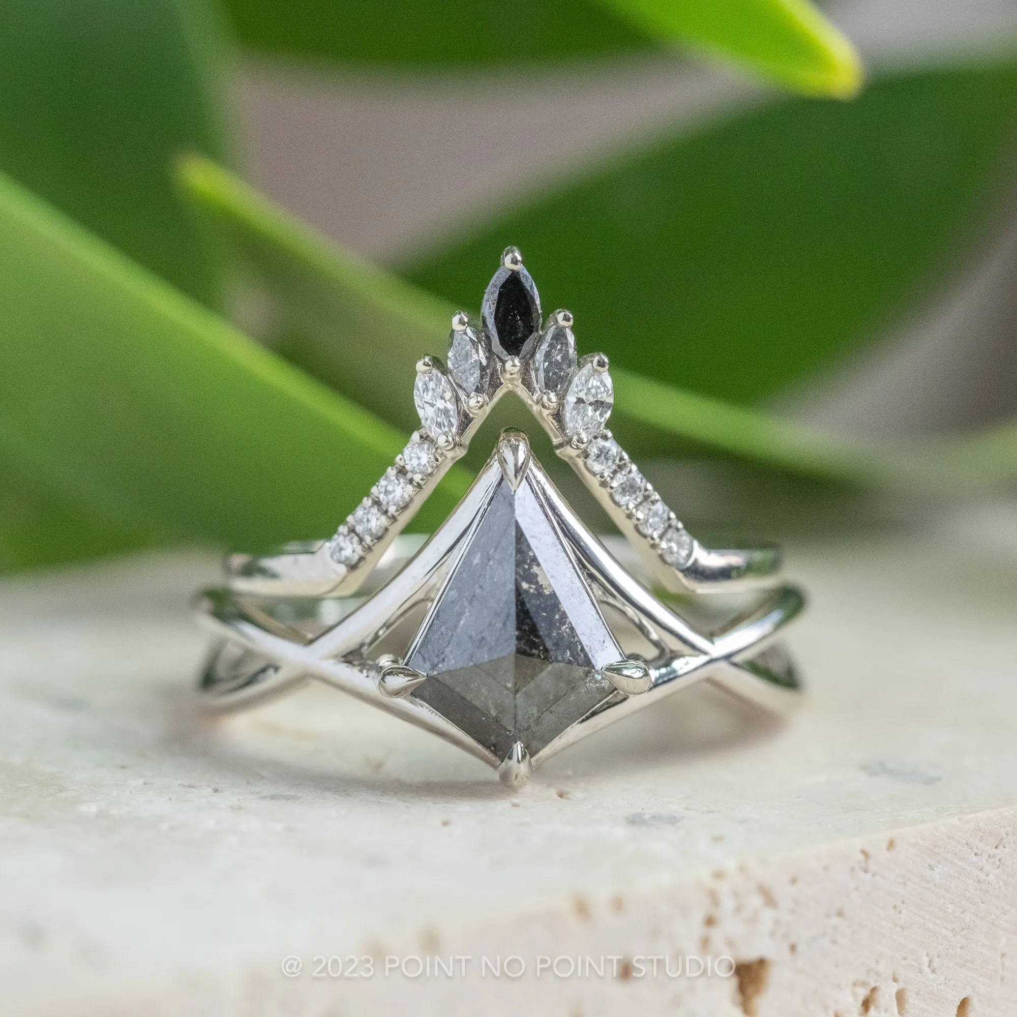 .90 Carat Black Speckled Diamond Engagement Ring, Woven Split Shank Jane Setting, Platinum
