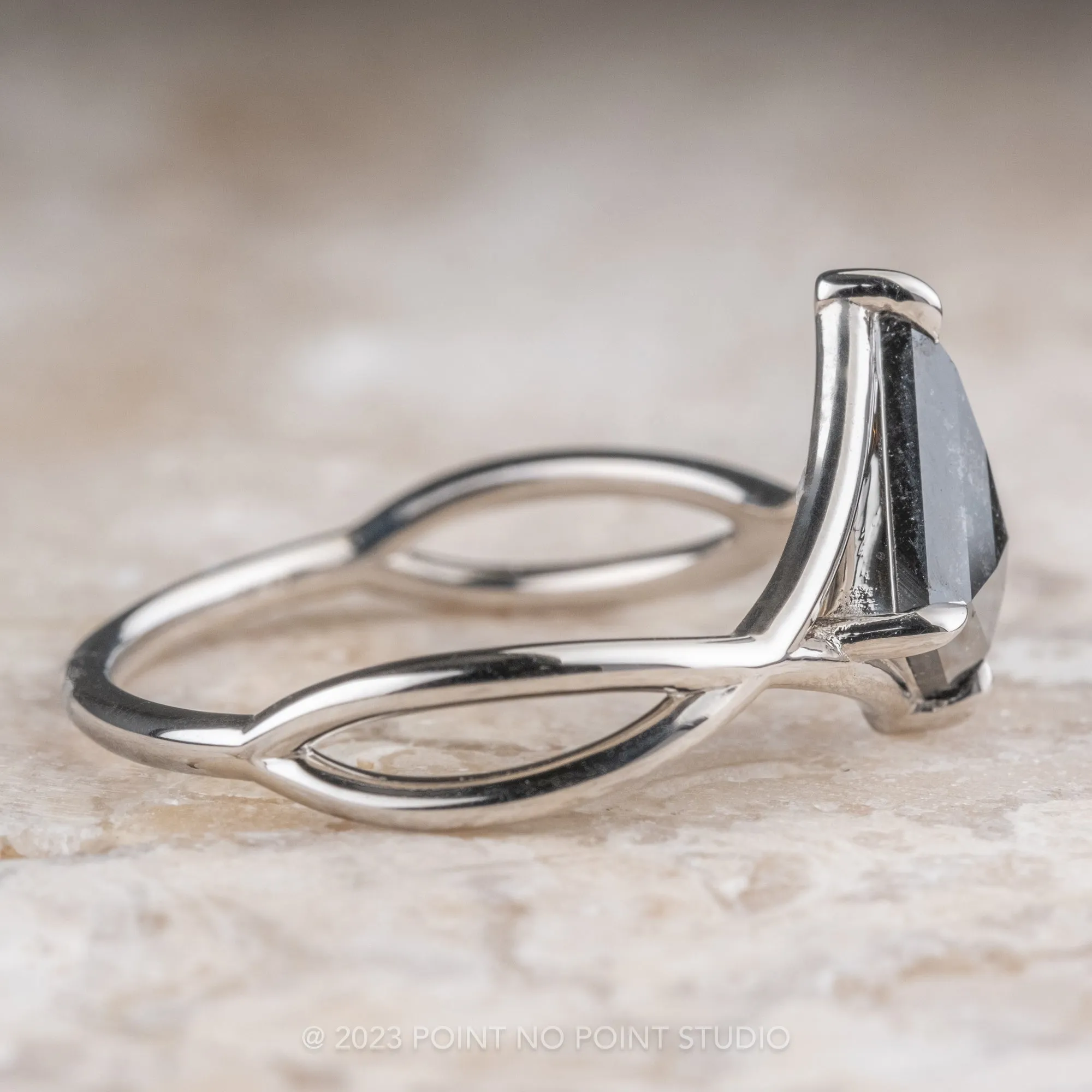 .90 Carat Black Speckled Diamond Engagement Ring, Woven Split Shank Jane Setting, Platinum