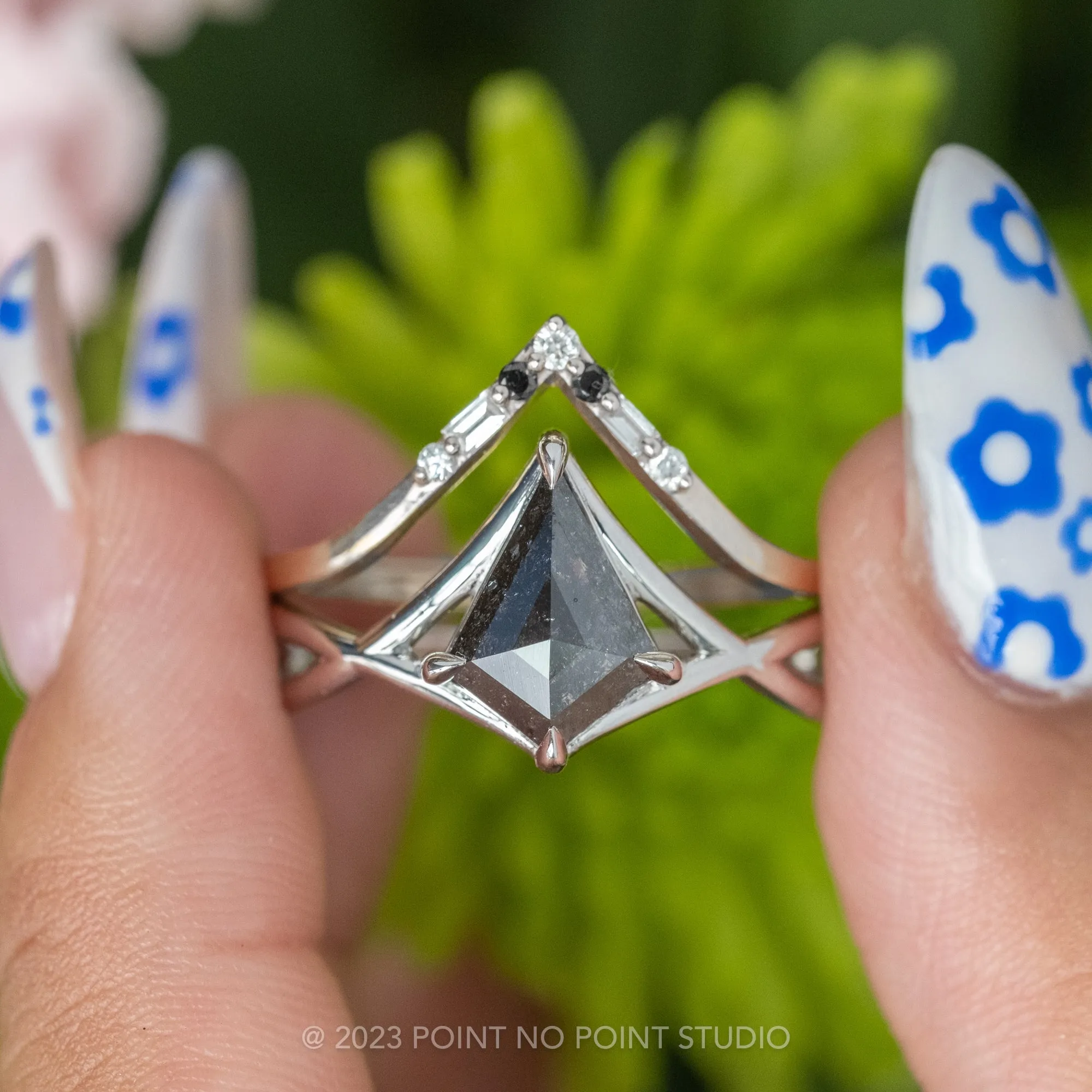 .90 Carat Black Speckled Diamond Engagement Ring, Woven Split Shank Jane Setting, Platinum