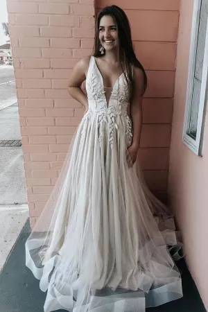 A-Line Appliqued V-neck Satin and Tulle Ivory Bridal Gown Wedding Dress,MW353