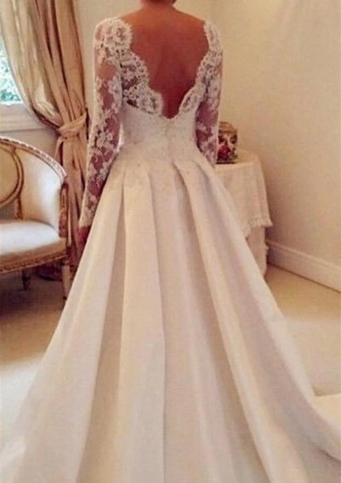 A-line Batuea Lace Long Sleeve V Back Chapel Satin Wedding Dress