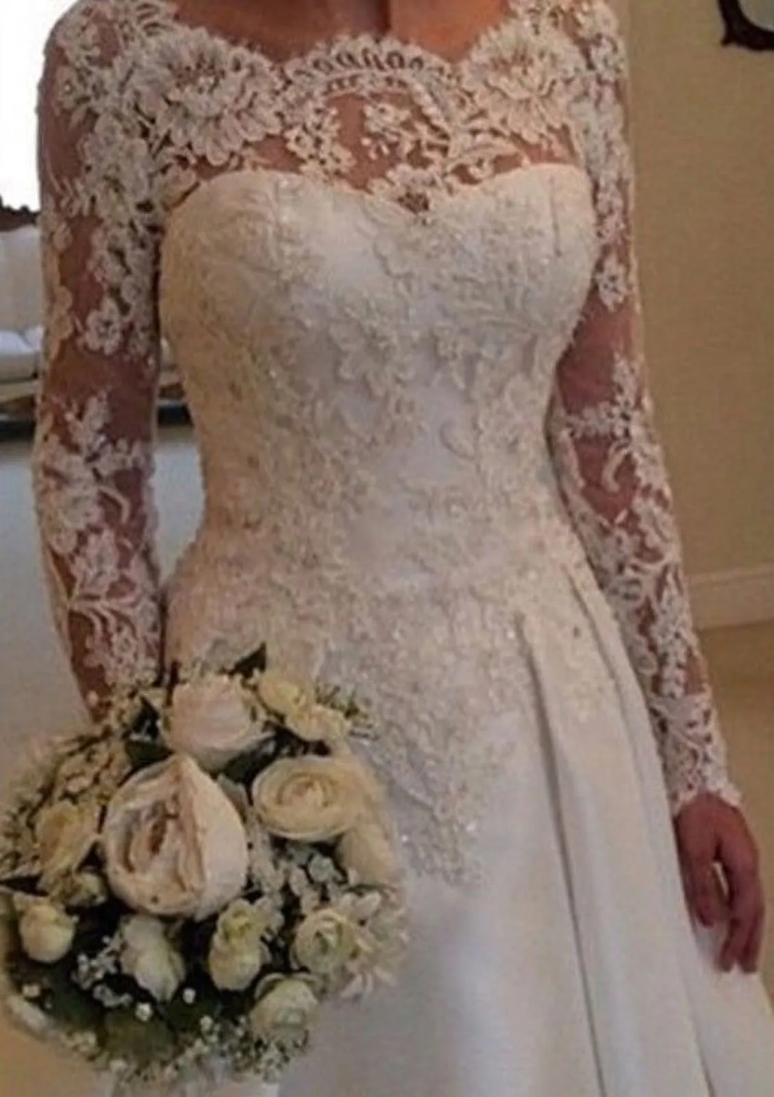A-line Batuea Lace Long Sleeve V Back Chapel Satin Wedding Dress