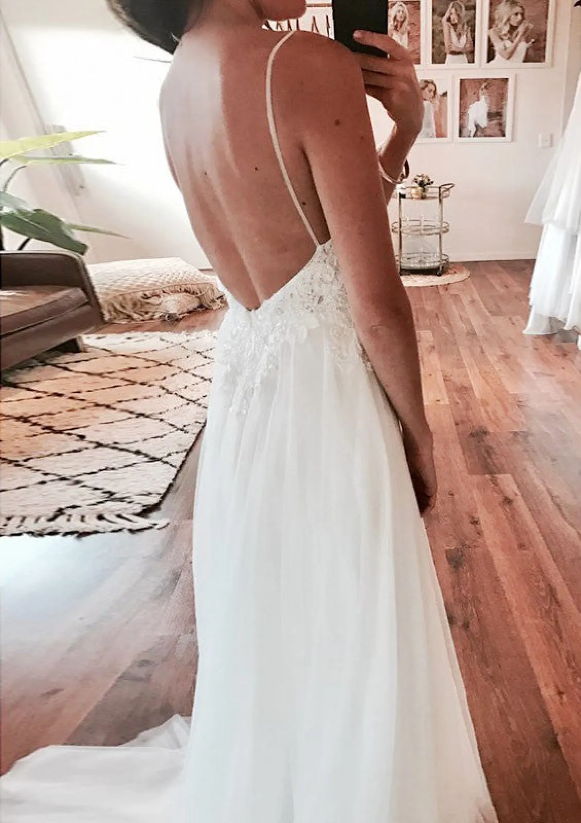 A-line Deep V Neck Spaghetti Strap Backless Lace Tulle Wedding Dress