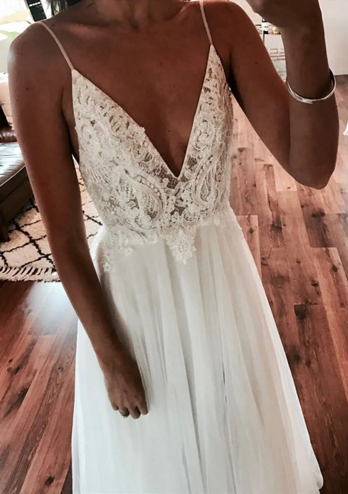 A-line Deep V Neck Spaghetti Strap Backless Lace Tulle Wedding Dress