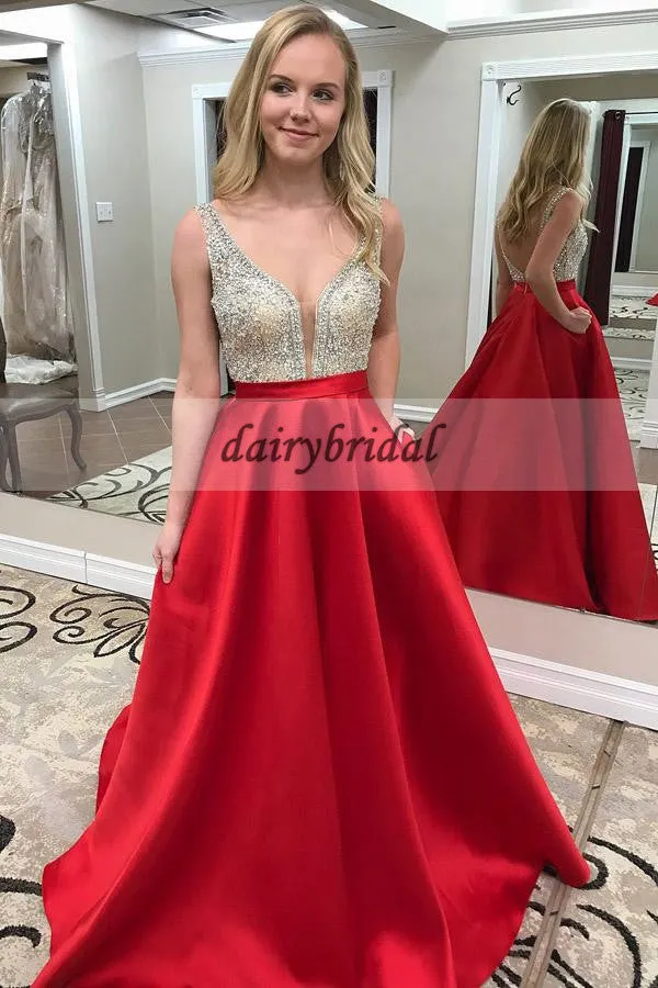 A-Line Satin Backless Prom Dress, Red Beaded Sleeveless Prom Dress, D212
