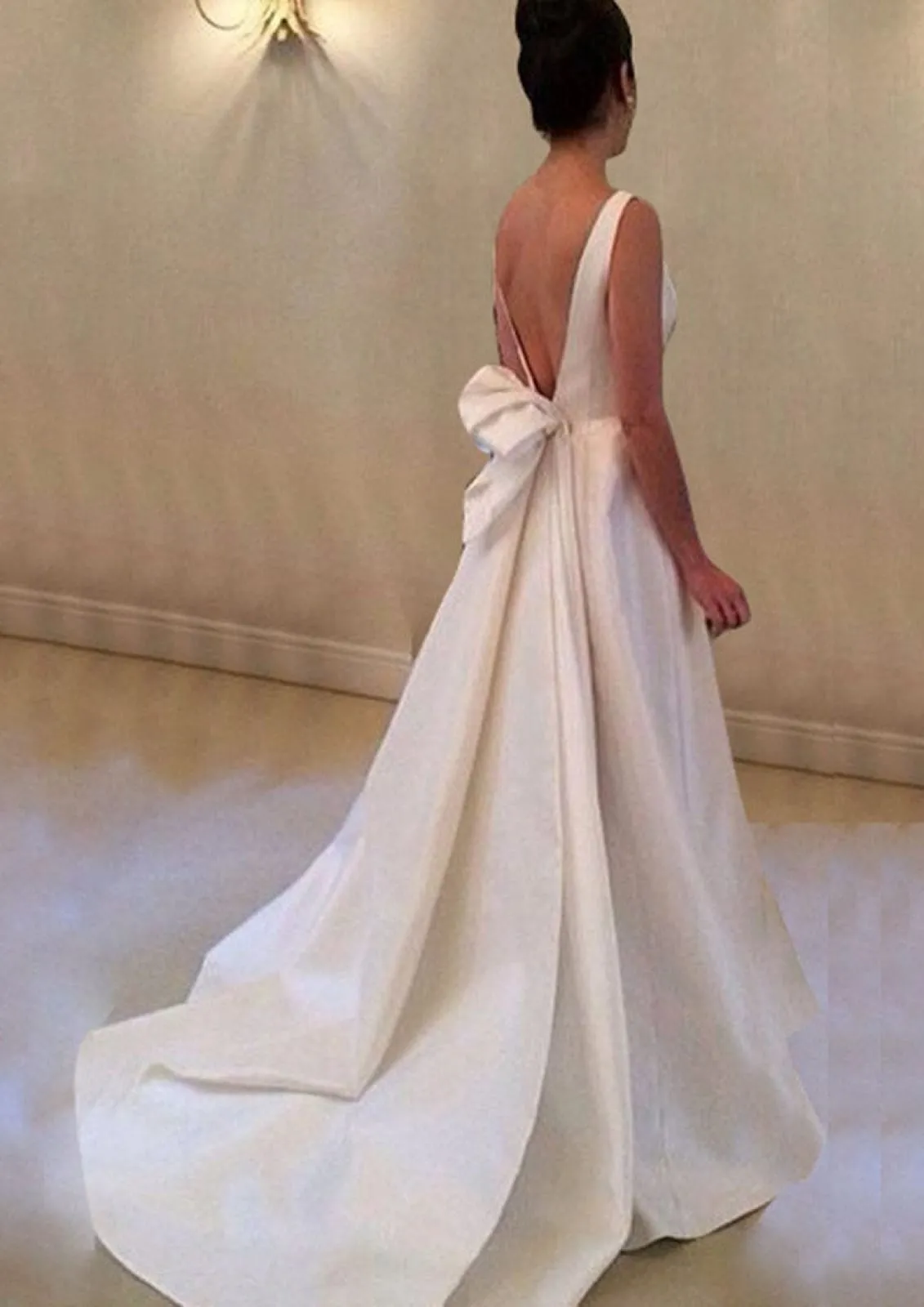 A-line Satin Court Sleeveless Bateau V Back Wedding Dress, Bowknot