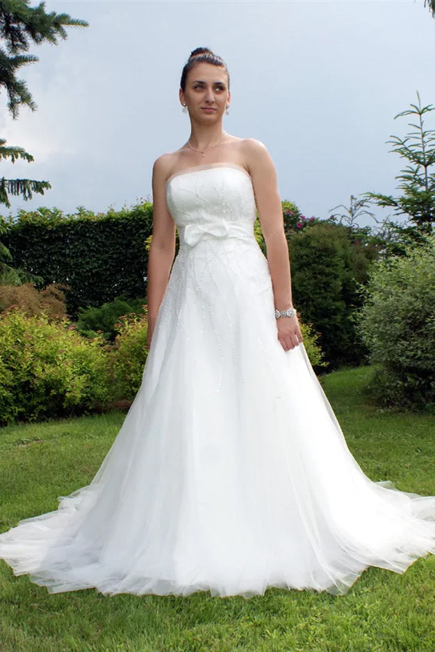 A-line Strapless Floor Length Tulle Applique Beaded Bow Wedding Dress