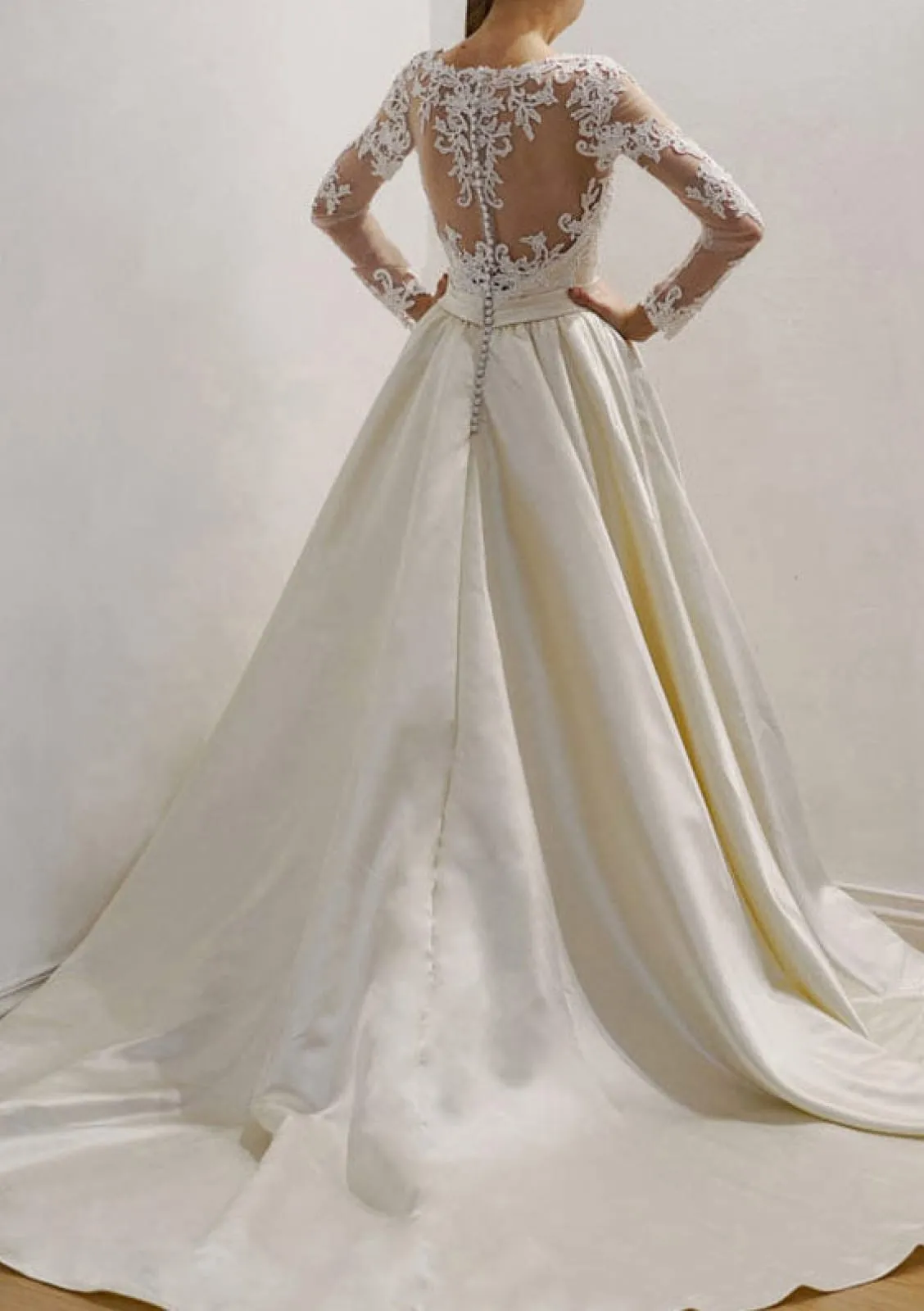 A-Line Sweetheart Court Champagne Satin Wedding Dress, Lace