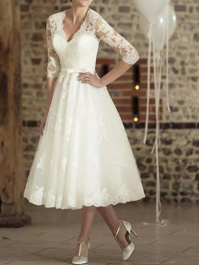 A-Line Wedding Dress Tea Length 3/4 Sleeve V Neck Lace Tulle Bridal Gown