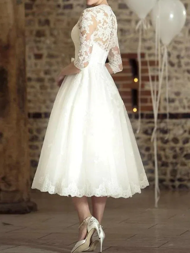 A-Line Wedding Dress Tea Length 3/4 Sleeve V Neck Lace Tulle Bridal Gown