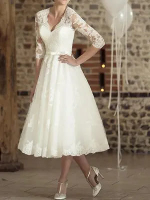A-Line Wedding Dress Tea Length 3/4 Sleeve V Neck Lace Tulle Bridal Gown