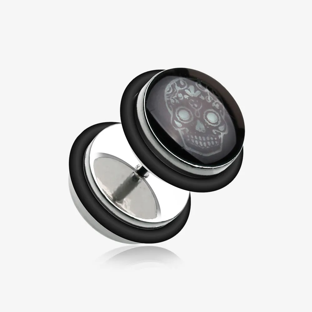 A Pair of Glow in the Dark Sugar Skull Steel Fake Plug with O-Rings