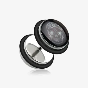 A Pair of Glow in the Dark Sugar Skull Steel Fake Plug with O-Rings
