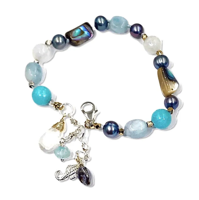 Abalone Silk Knotted Bracelet, Moonstone, Aquamarine, Pearl