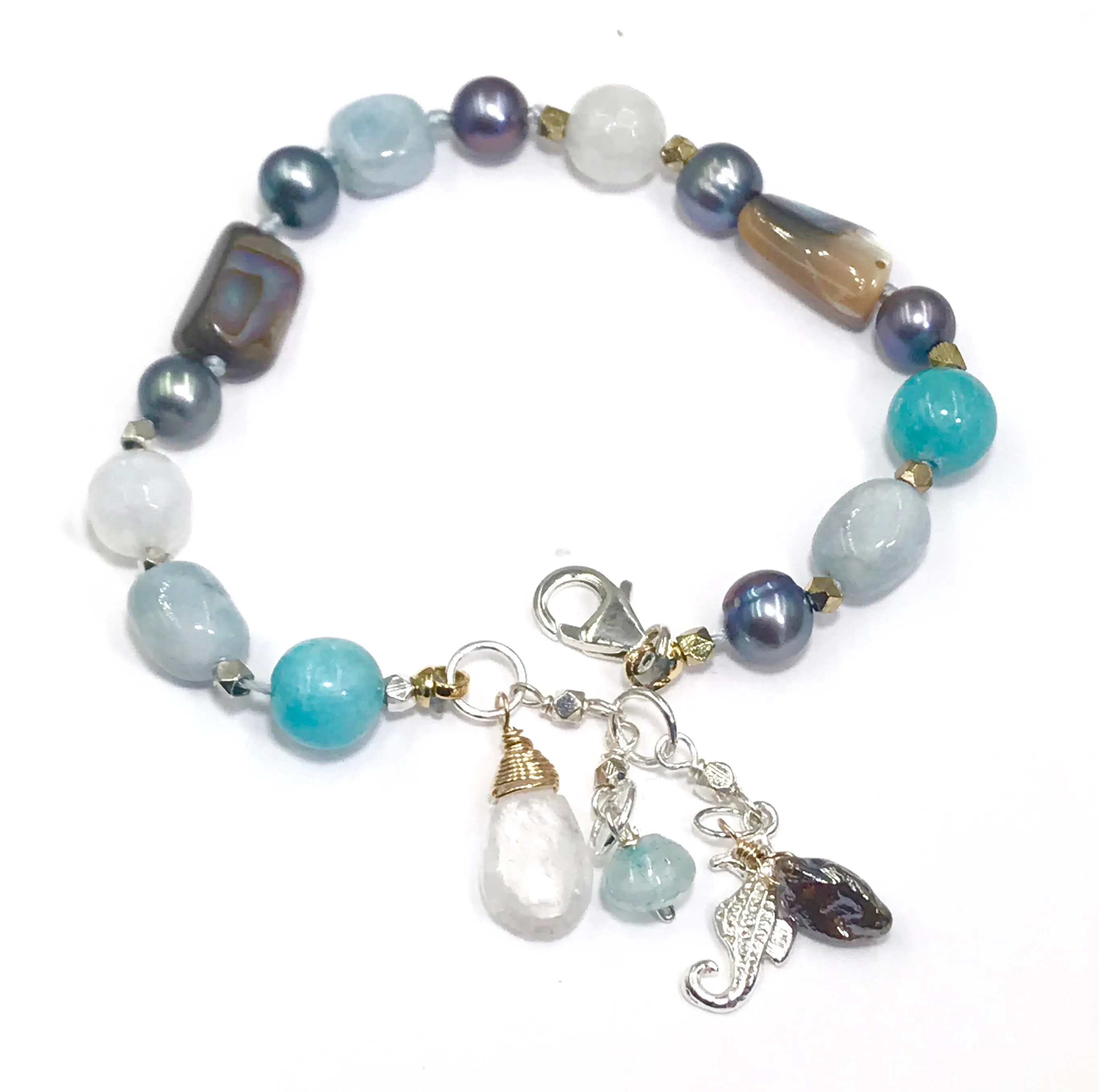 Abalone Silk Knotted Bracelet, Moonstone, Aquamarine, Pearl