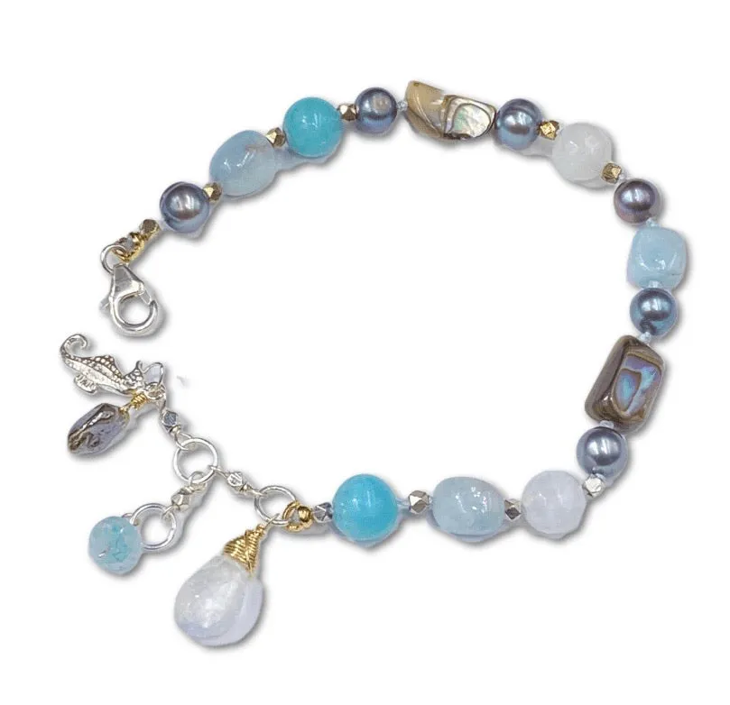 Abalone Silk Knotted Bracelet, Moonstone, Aquamarine, Pearl