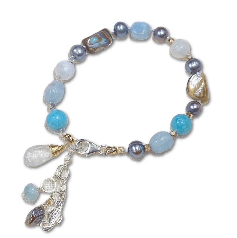Abalone Silk Knotted Bracelet, Moonstone, Aquamarine, Pearl