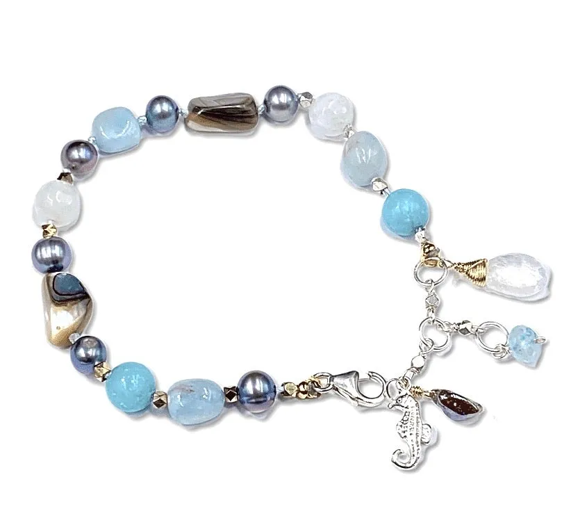 Abalone Silk Knotted Bracelet, Moonstone, Aquamarine, Pearl