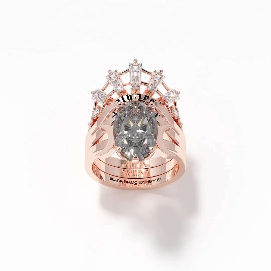 Always and Forever Promise Rings - Oval Cut Diamond Gothic Bridal Set in 14K Rose Gold