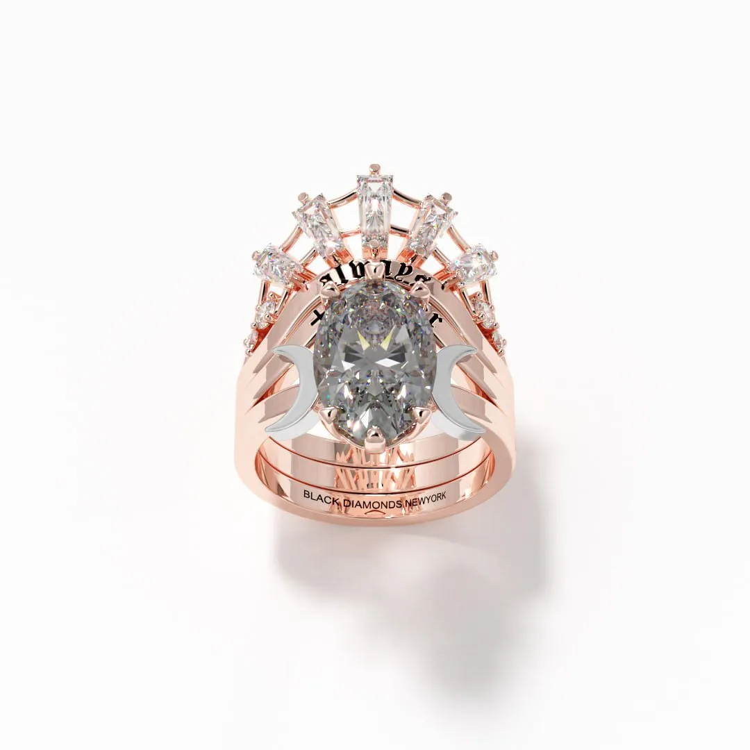 Always and Forever Promise Rings - Oval Cut Diamond Gothic Bridal Set in 14K Rose Gold