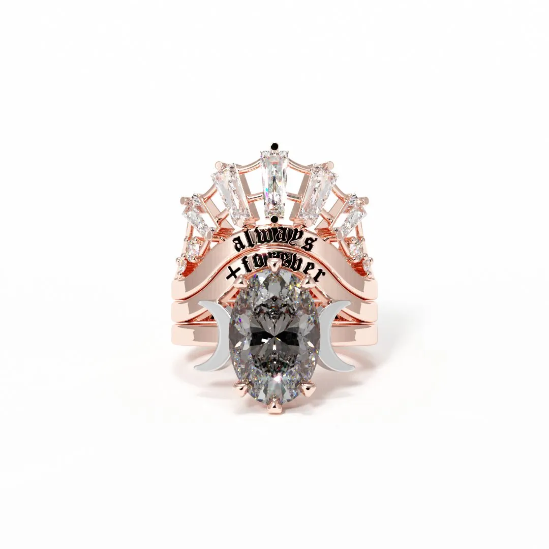 Always and Forever Promise Rings - Oval Cut Diamond Gothic Bridal Set in 14K Rose Gold