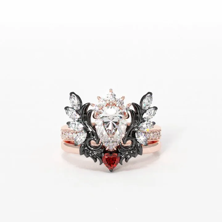 Angel's Wings- 14k White Gold Pear Cut and Red Heart Diamond Gothic Promise Ring