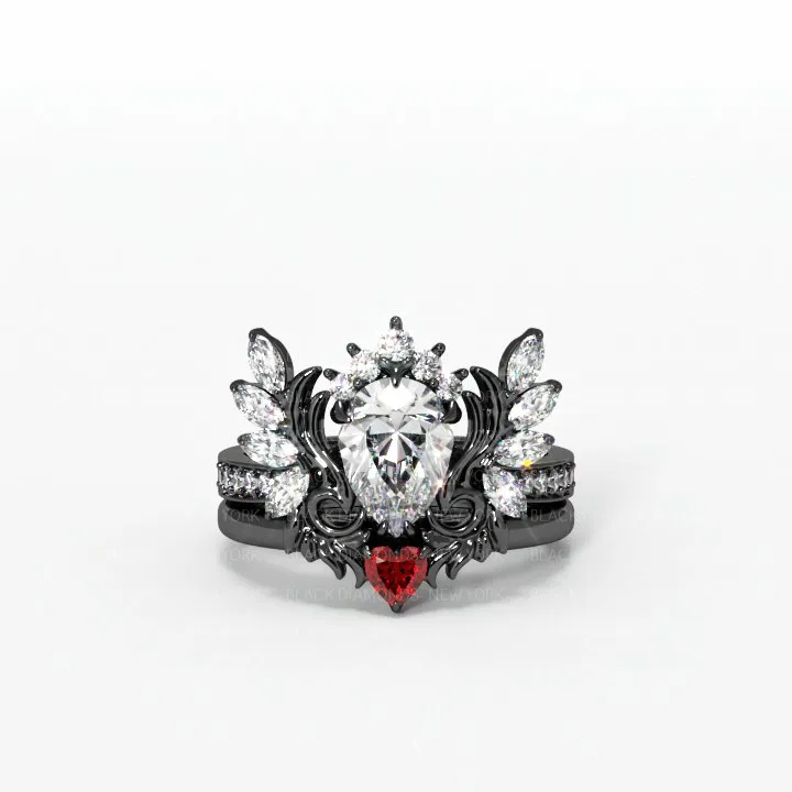 Angel's Wings- 14k White Gold Pear Cut and Red Heart Diamond Gothic Promise Ring