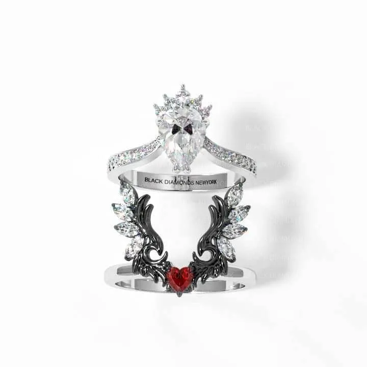 Angel's Wings- 14k White Gold Pear Cut and Red Heart Diamond Gothic Promise Ring