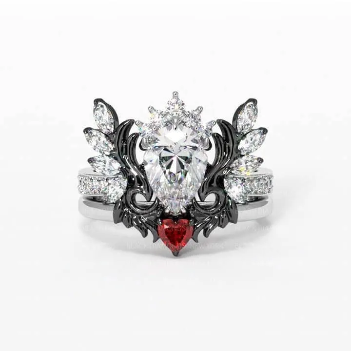 Angel's Wings- 14k White Gold Pear Cut and Red Heart Diamond Gothic Promise Ring