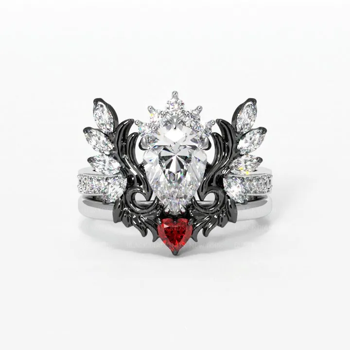 Angel's Wings- 14k White Gold Pear Cut and Red Heart Diamond Gothic Promise Ring