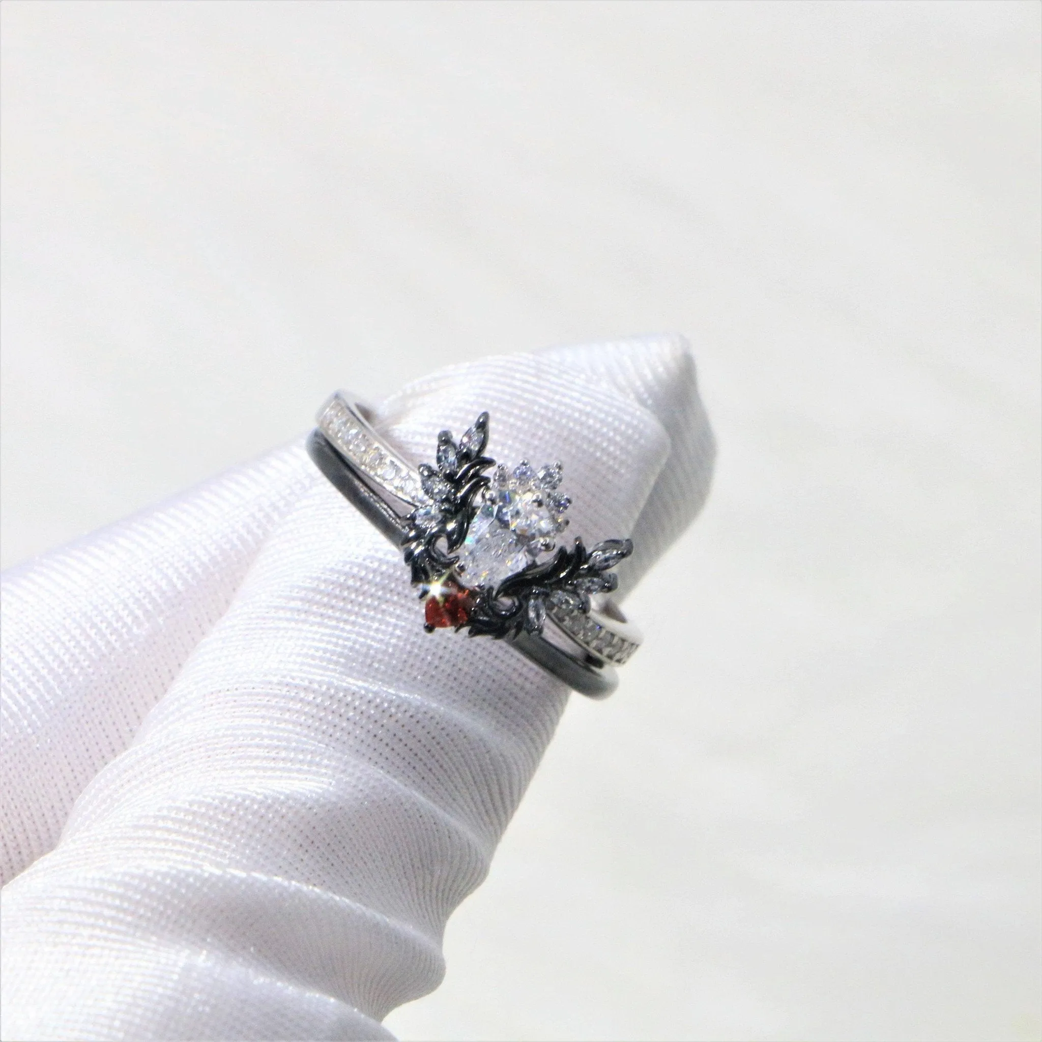 Angel's Wings- 14k White Gold Pear Cut and Red Heart Diamond Gothic Promise Ring