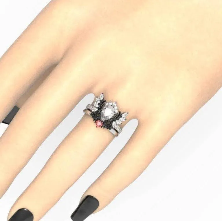 Angel's Wings- 14k White Gold Pear Cut and Red Heart Diamond Gothic Promise Ring