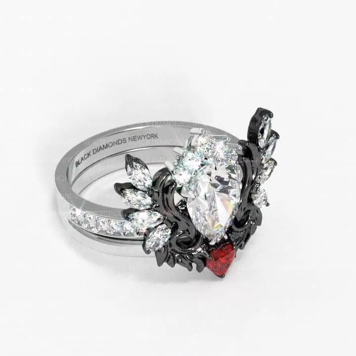 Angel's Wings- 14k White Gold Pear Cut and Red Heart Diamond Gothic Promise Ring