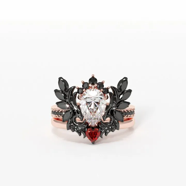Angel's Wings- 14k White Gold Pear Cut and Red Heart Diamond Gothic Promise Ring