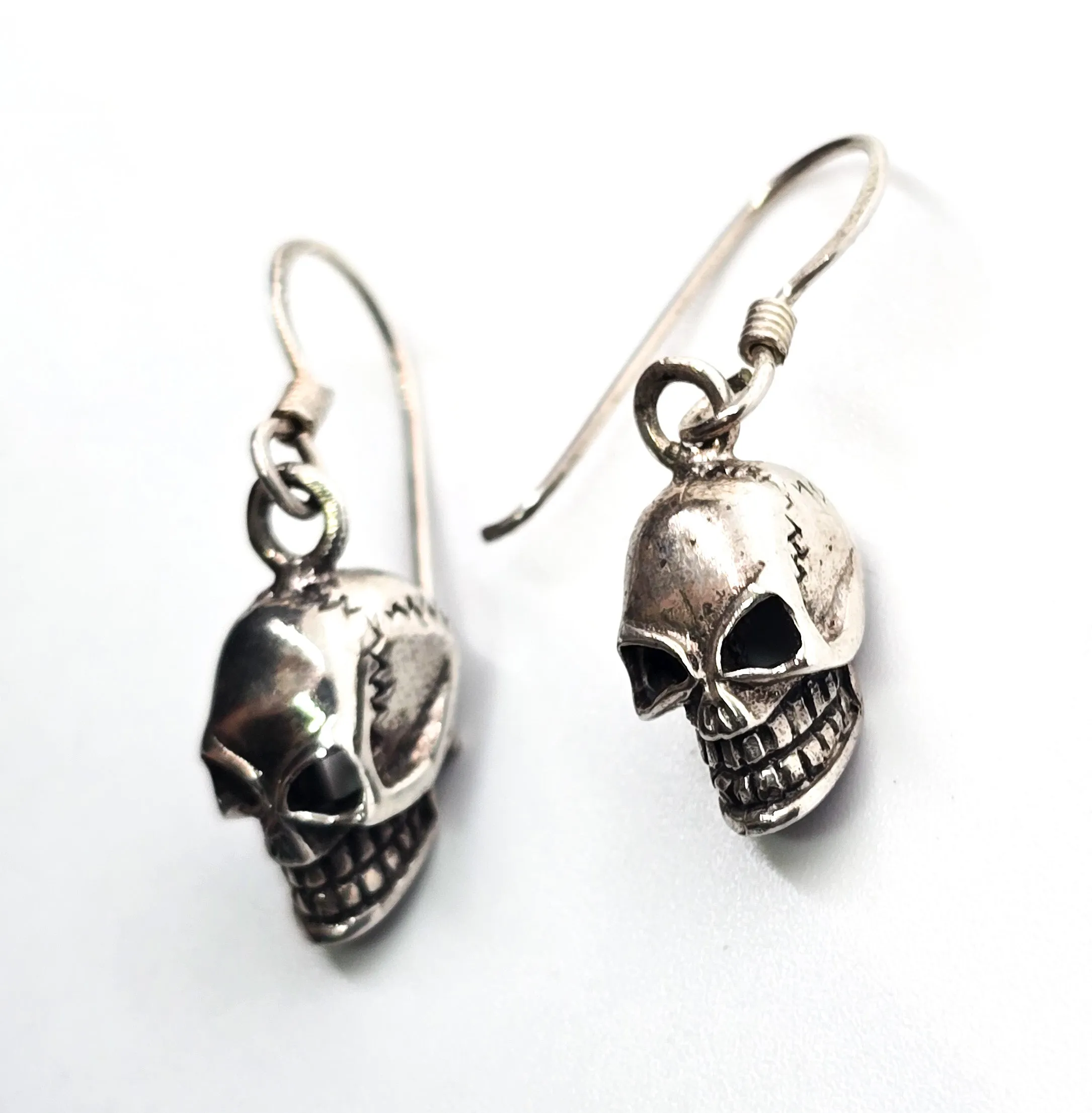 Angry skull detailed Day of the Dead gothic biker sterling silver earrings
