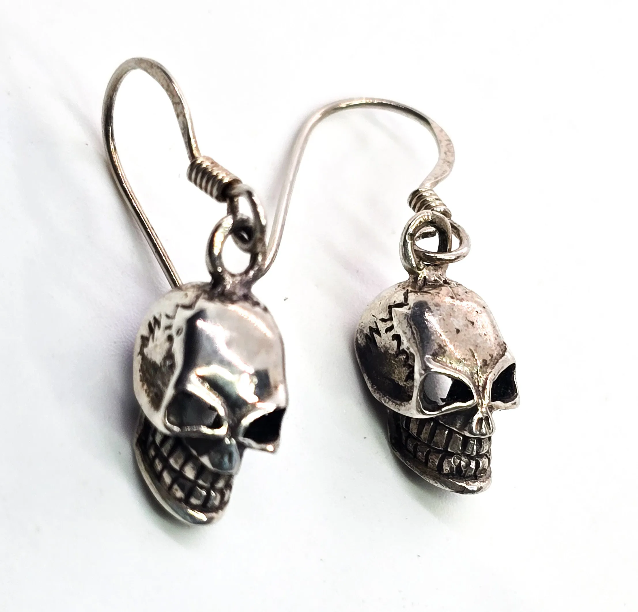 Angry skull detailed Day of the Dead gothic biker sterling silver earrings