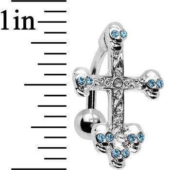 Aqua Gem Top Mount Skull Studded Gothic Cross Belly Ring