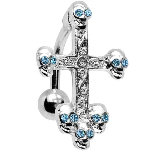 Aqua Gem Top Mount Skull Studded Gothic Cross Belly Ring