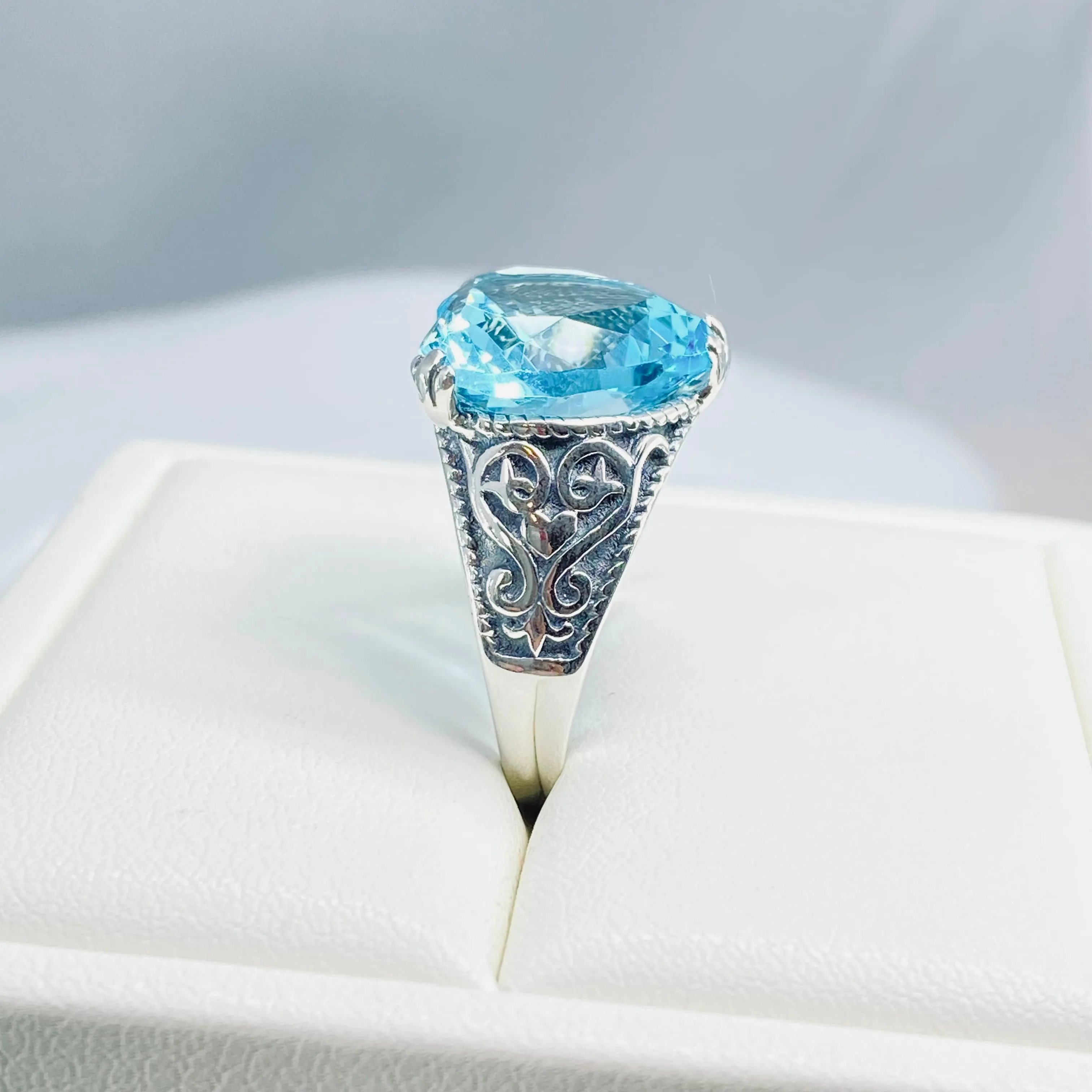 Aquamarine Ring, Heart Gem, Gothic Filigree Jewelry #D132
