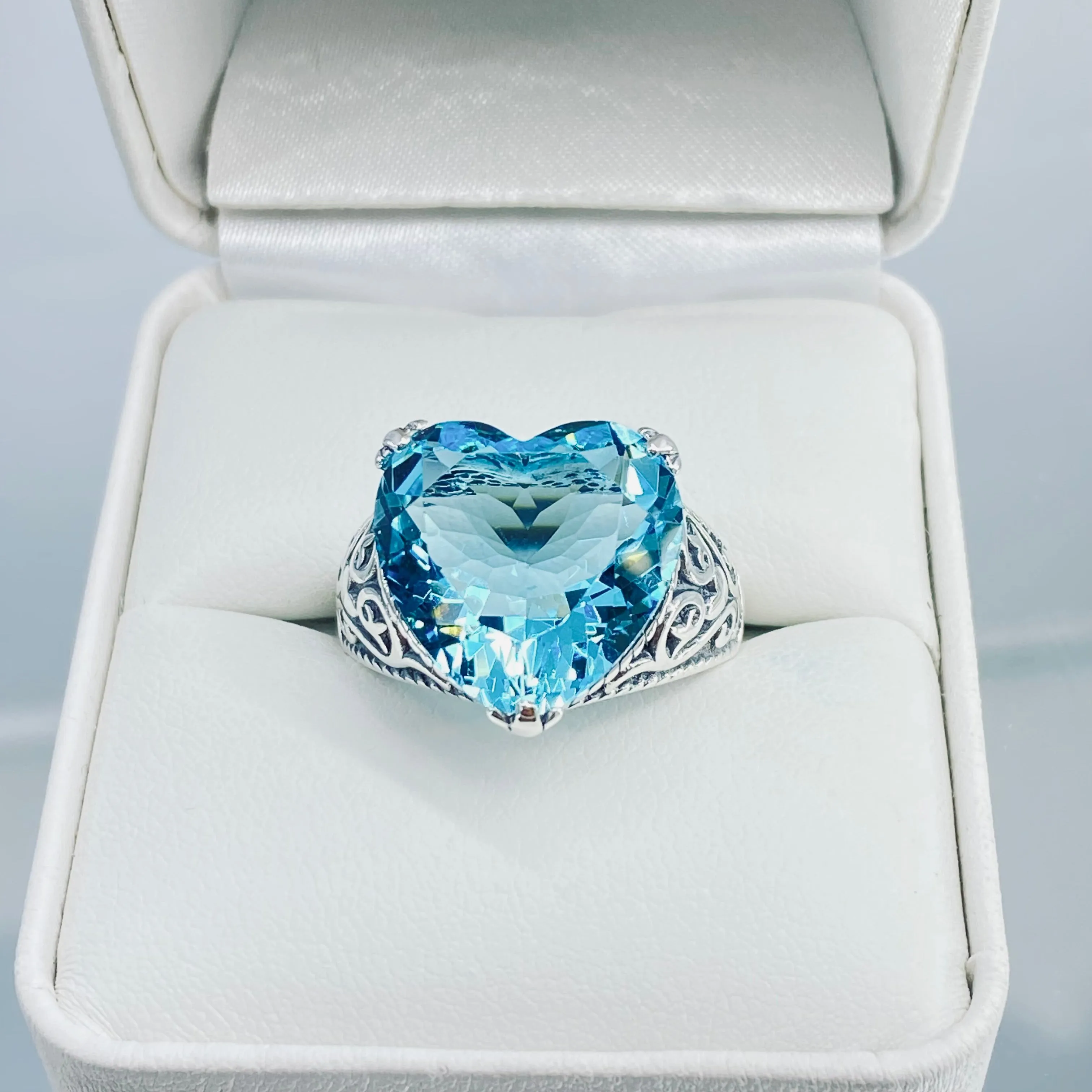 Aquamarine Ring, Heart Gem, Gothic Filigree Jewelry #D132