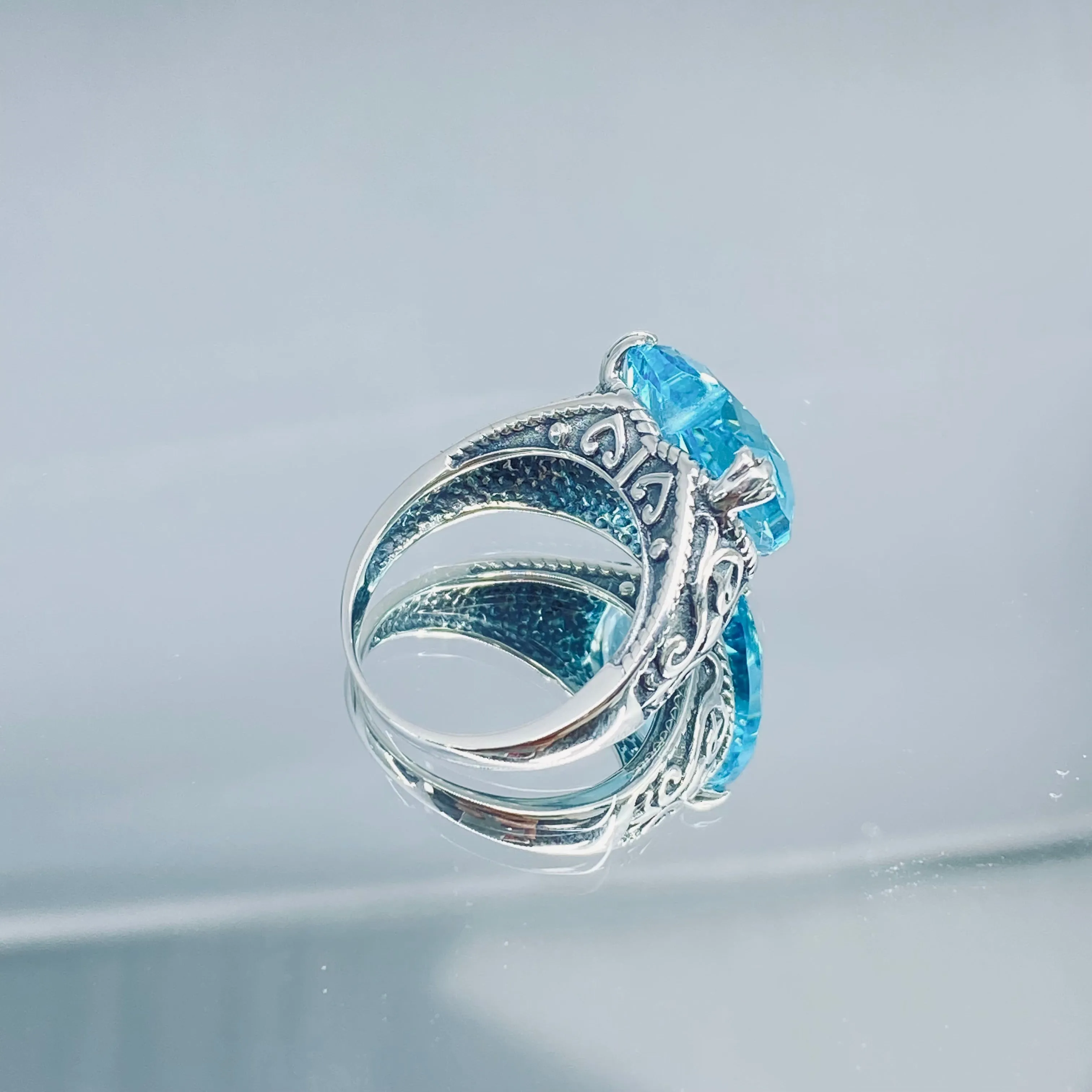 Aquamarine Ring, Heart Gem, Gothic Filigree Jewelry #D132