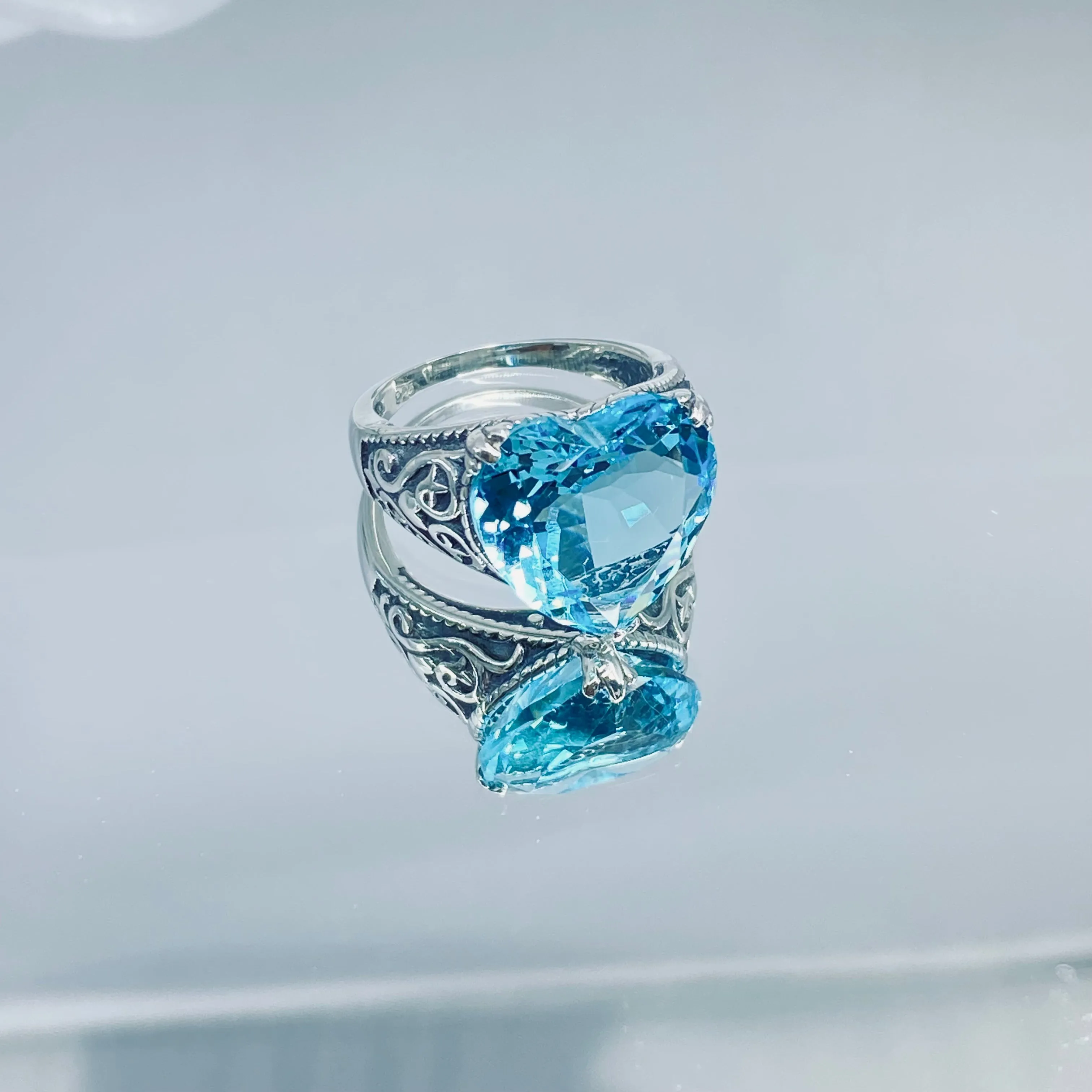 Aquamarine Ring, Heart Gem, Gothic Filigree Jewelry #D132