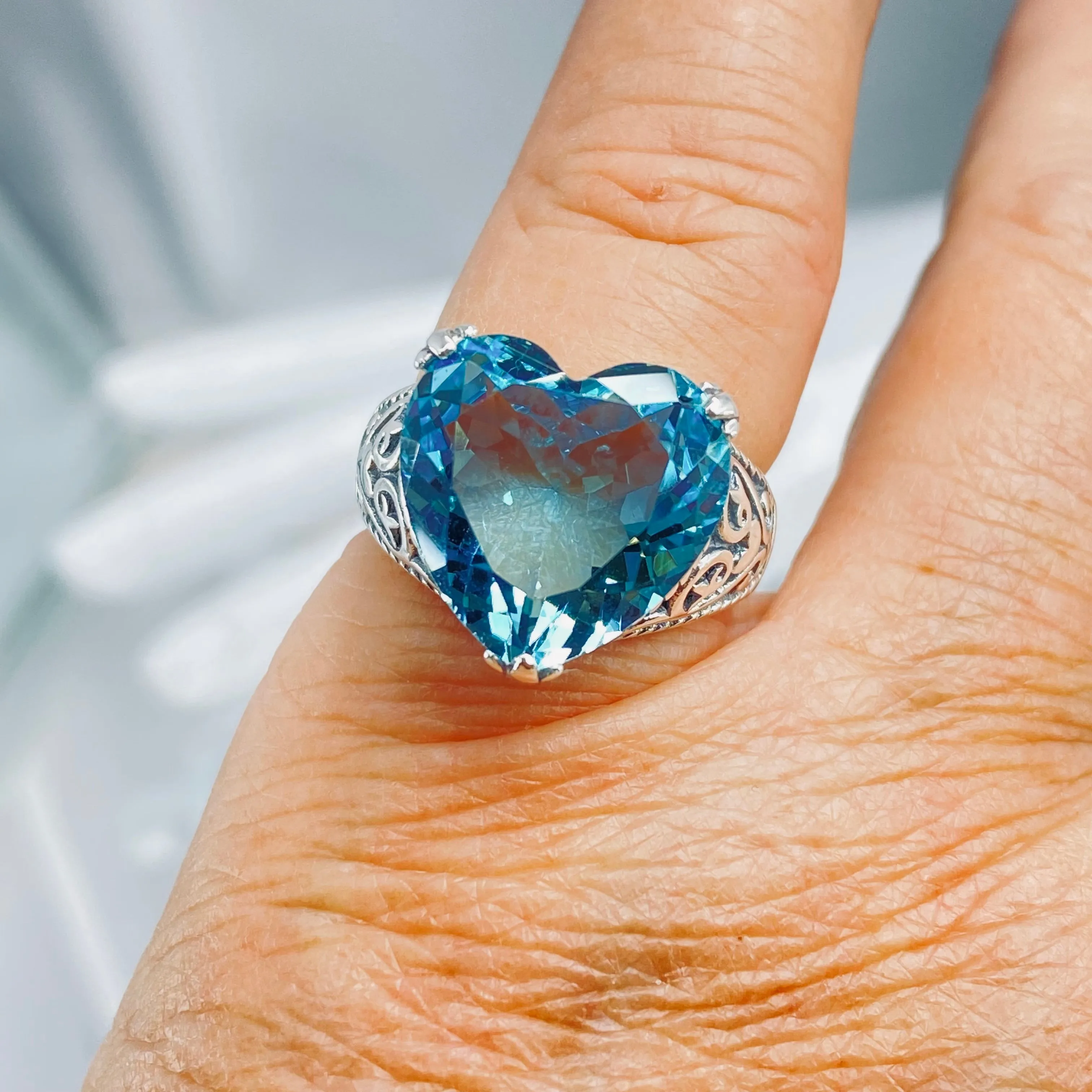 Aquamarine Ring, Heart Gem, Gothic Filigree Jewelry #D132