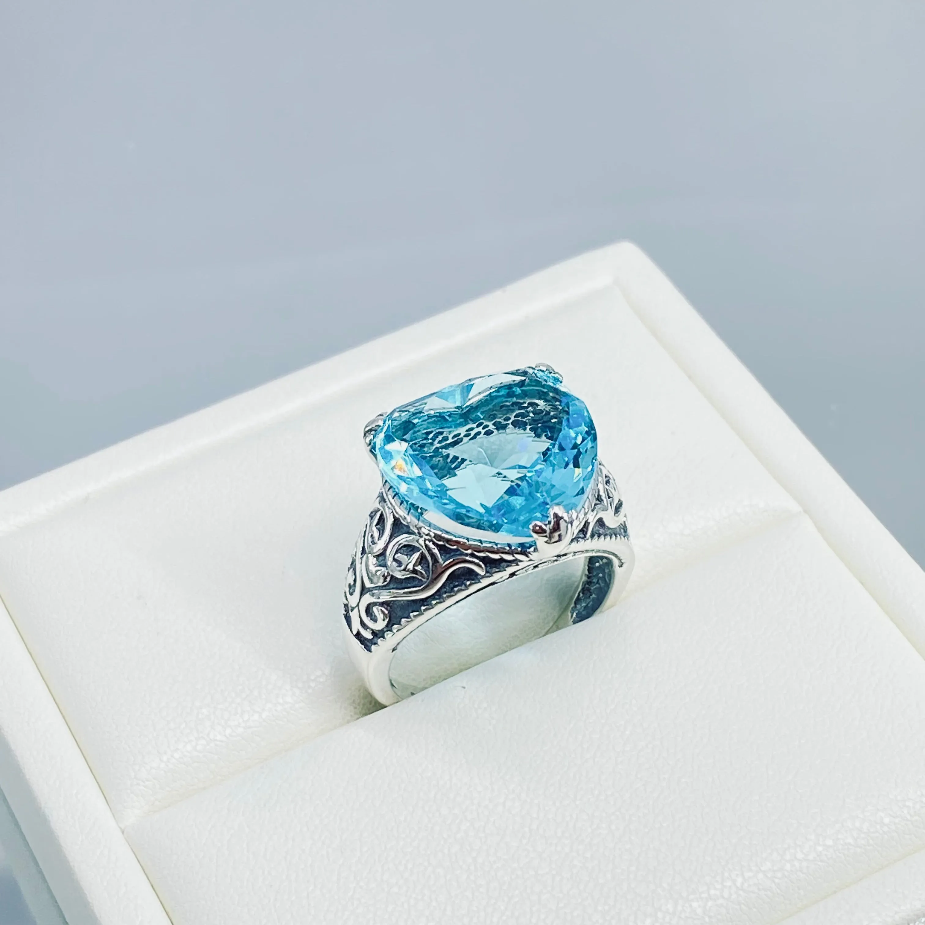 Aquamarine Ring, Heart Gem, Gothic Filigree Jewelry #D132
