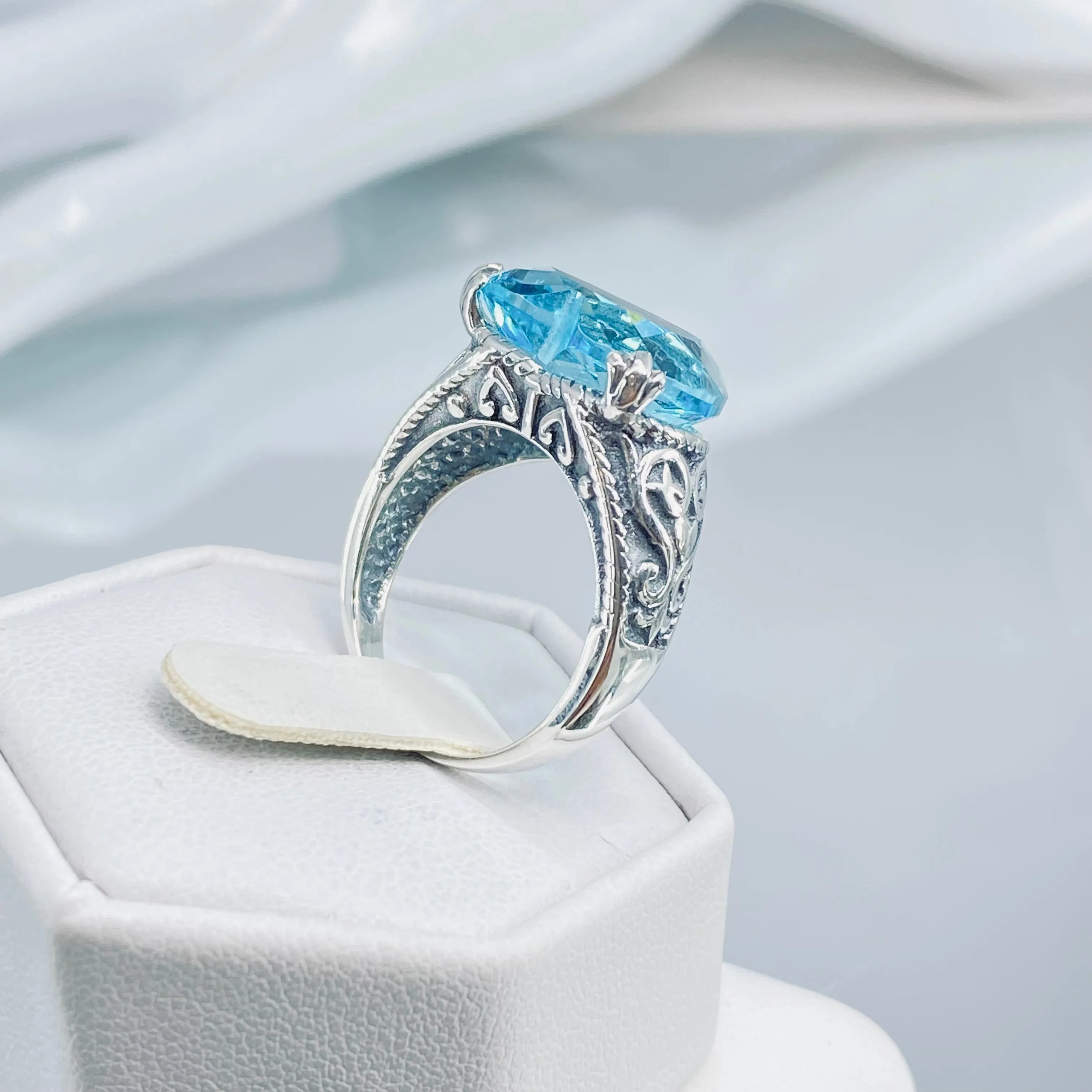 Aquamarine Ring, Heart Gem, Gothic Filigree Jewelry #D132