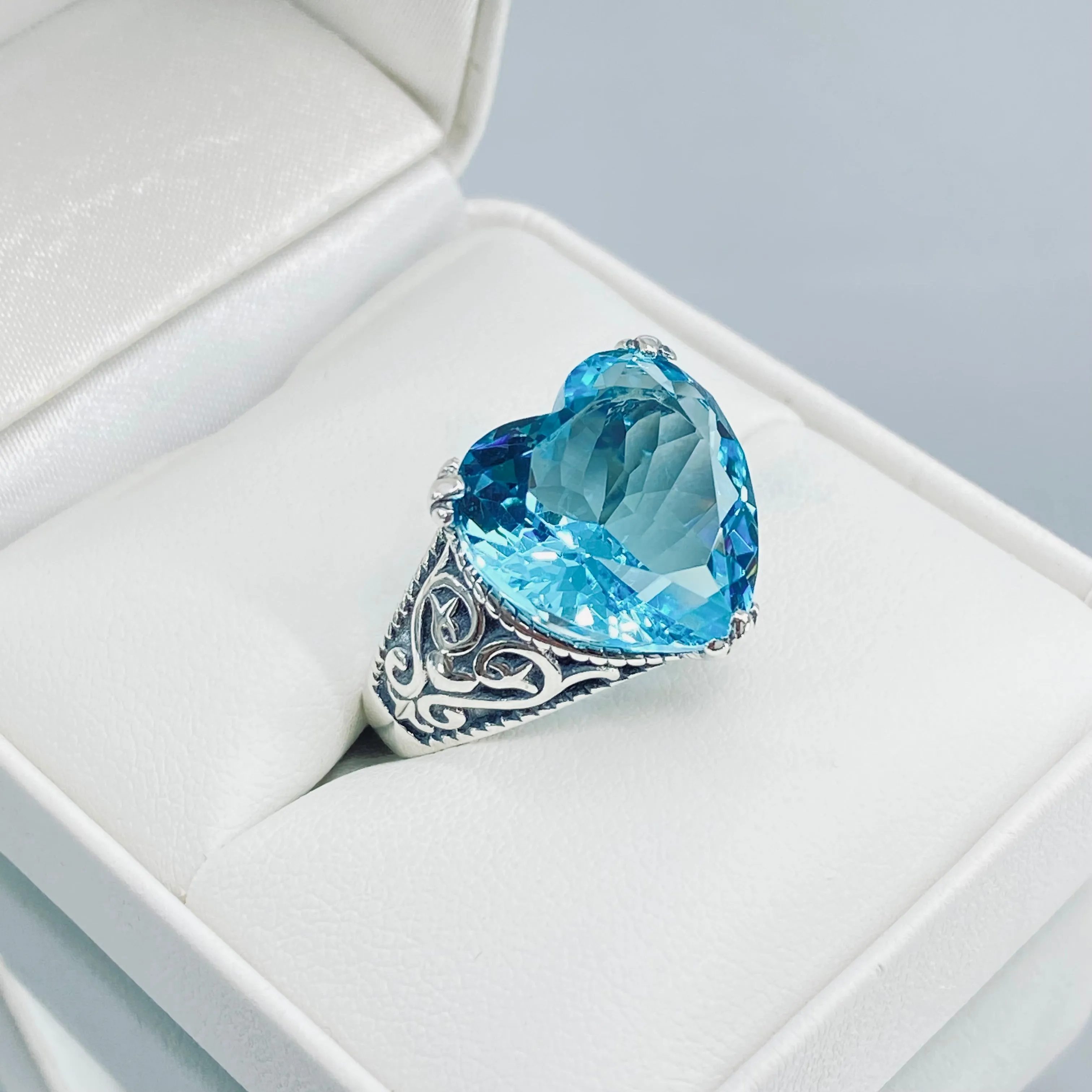 Aquamarine Ring, Heart Gem, Gothic Filigree Jewelry #D132