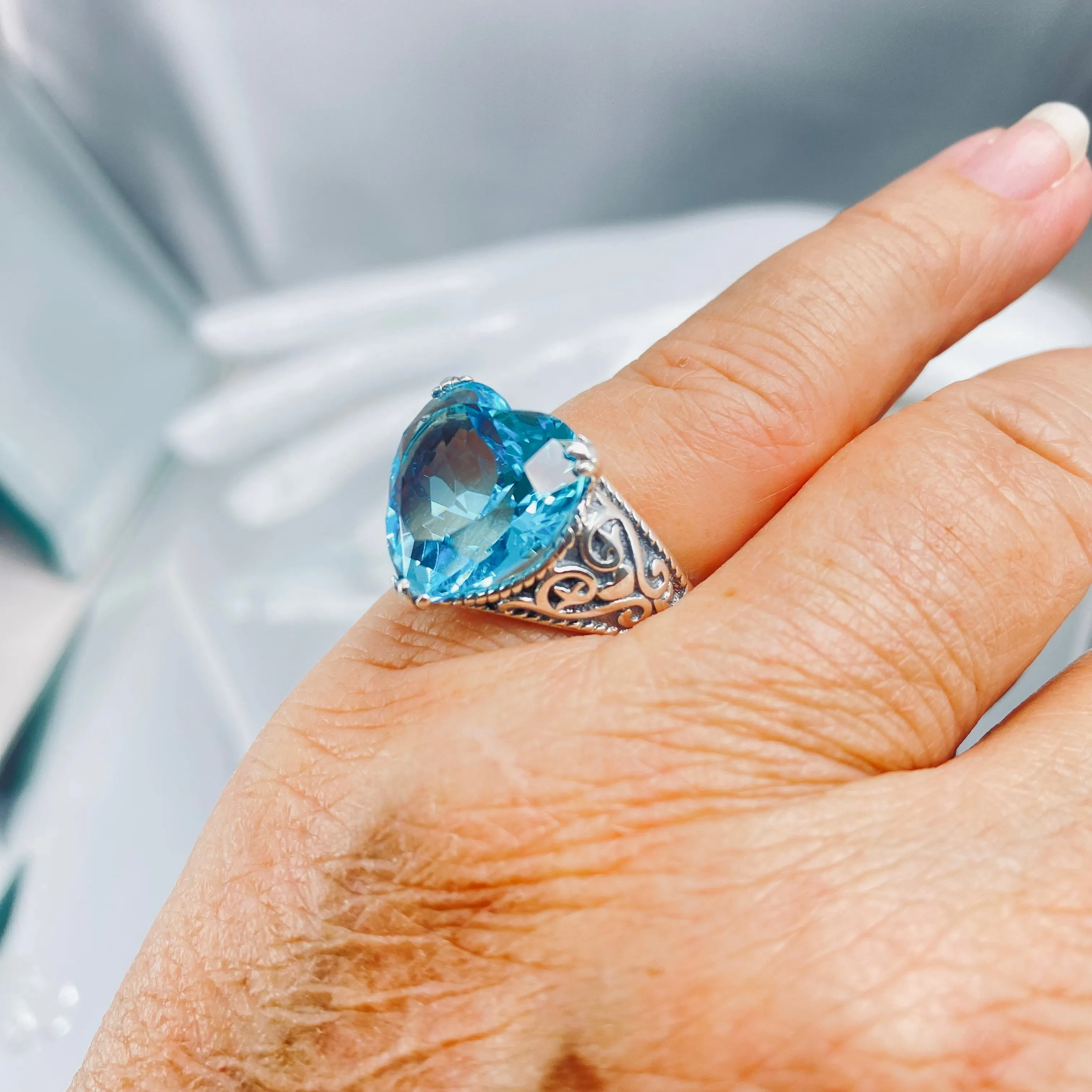 Aquamarine Ring, Heart Gem, Gothic Filigree Jewelry #D132