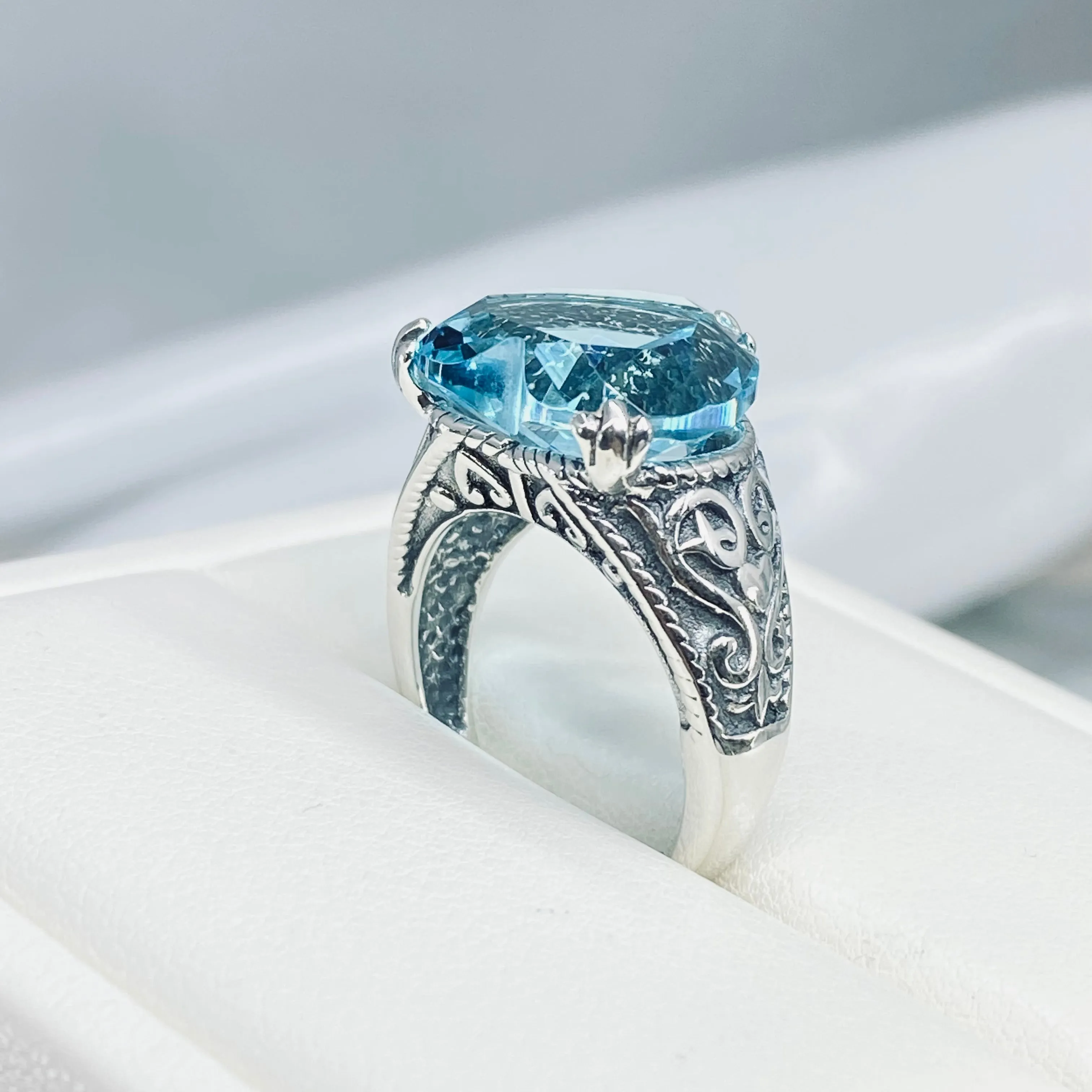 Aquamarine Ring, Heart Gem, Gothic Filigree Jewelry #D132