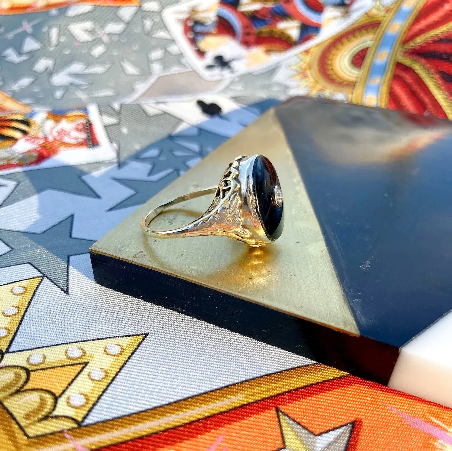 Art Deco Black Onyx & Diamond Ring, 14k
